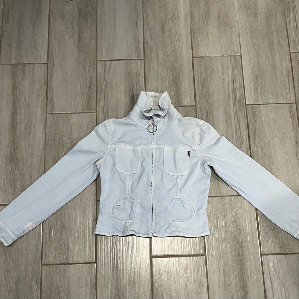 Moschino Cropped Denim Jacket with Hearts